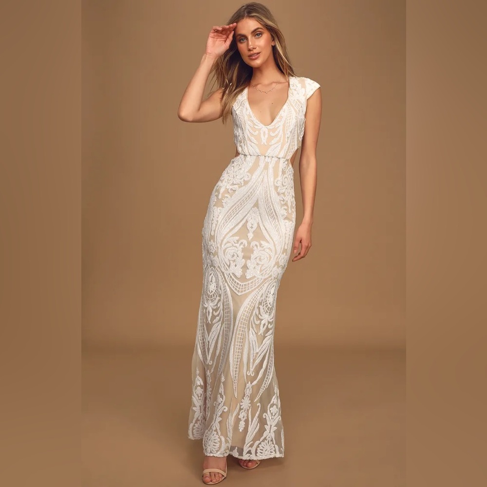 Always Adored White and Nude Sequin Mermaid Maxi Dress